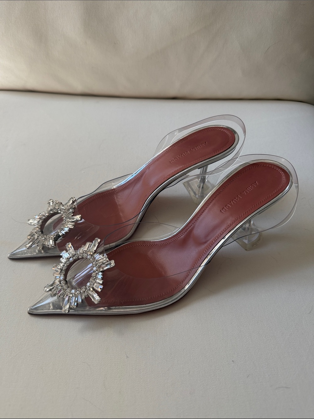 Amina Muaddi Clear Slingback Mule with Crystal Sunburst - Silver